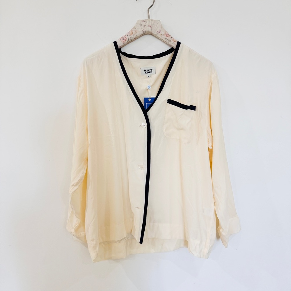 Sleepy Jones Bettina Cardigan In Silk Charmeuse With Navy Accents Cream New — image 3 of 8